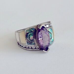 Sterling silver amethyst, abalone and mother of pearl ring